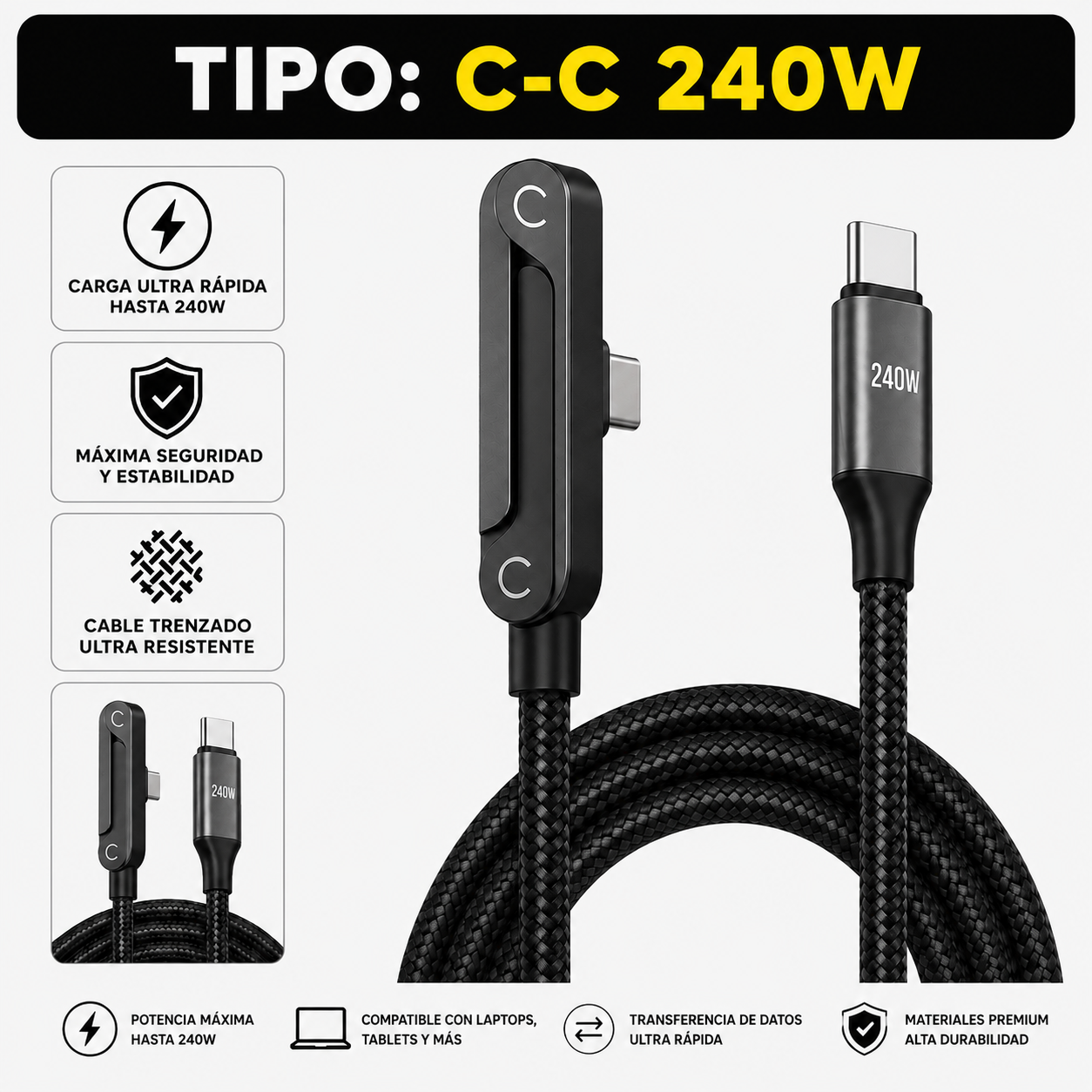 CABLE DE CARGA RÁPIDA 240W TIPO C CON SOPORTE | FLEXCHARG™